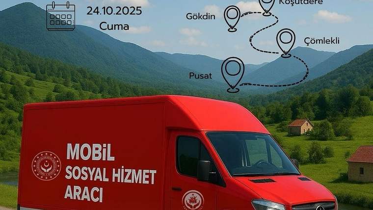 Kırmızı bir mobil sosyal hizmet aracı, dağlık bir alanda park etmiş. Arka planda yeşil dağlar ve birkaç ev görünmekte.