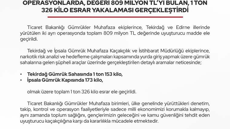 Bilgi görselinde, Tekirdağ ve Edirne’de 1 ton 326 kilo esrar ele geçirildiği yazıyor.