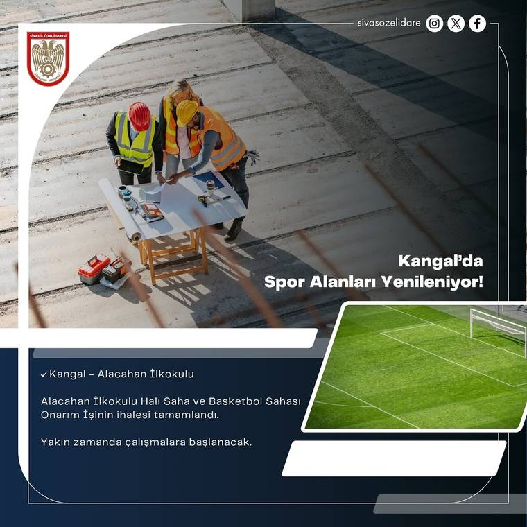 İki inşaat işçisi, spor alanları için plan yapıyor.