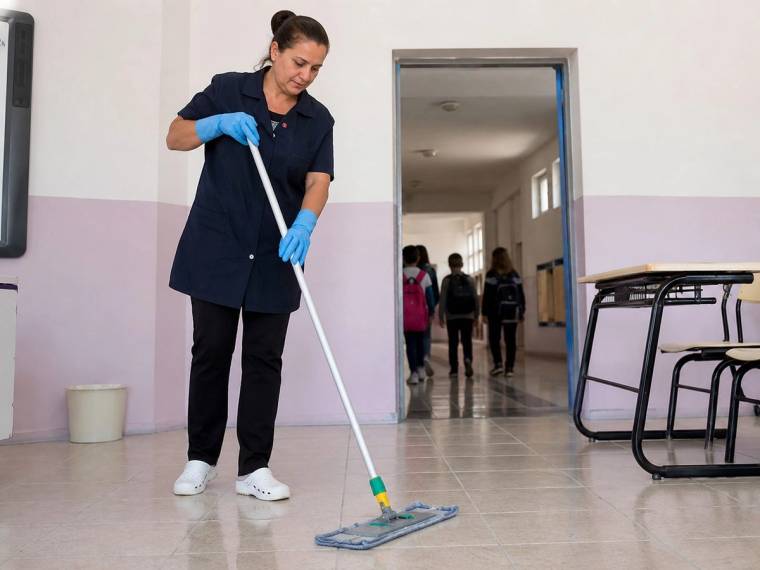 Bir kadın, koridorda zemini mopla temizlerken arka planda öğrenciler ve sıralar görülüyor.