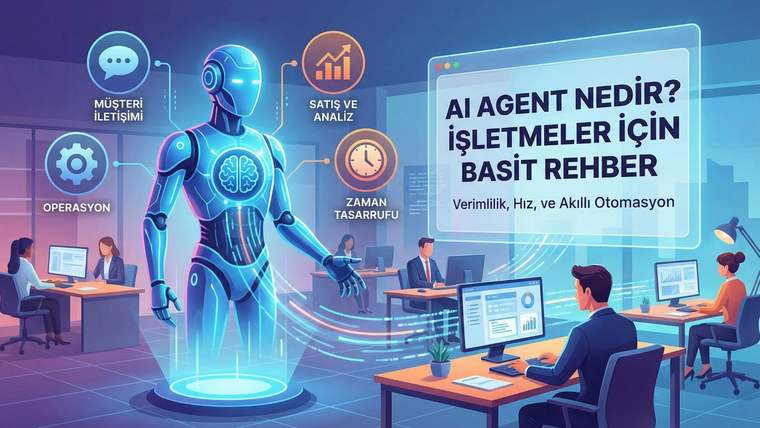 Bir yapay zeka robotu, ofis ortamında çalışan insanlarla etkileşimde bulunuyor.