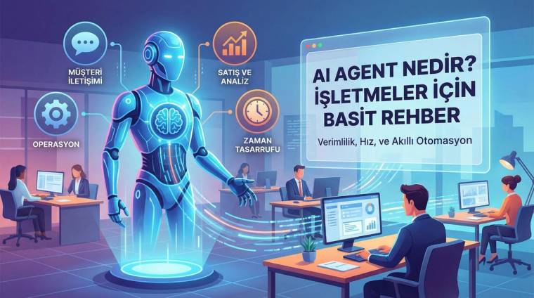 Bir yapay zeka robotu, ofis ortamında çalışan insanlarla etkileşimde bulunuyor.