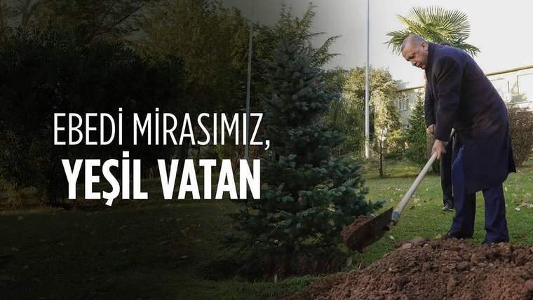 Bahçede bir kişi, iğne yapraklı ağaçların yanında kürekle toprak kazıyor; görselde “Yeşil Vatan” yazıyor.