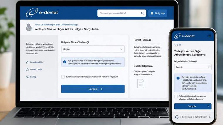 Dizüstü bilgisayar ve akıllı telefonda e-Devlet’in adres bilgileri sorgulama ekranı açık duruyor.