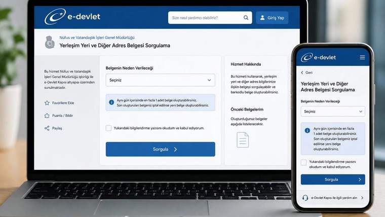 Dizüstü bilgisayar ve akıllı telefonda e-Devlet’in adres bilgileri sorgulama ekranı açık duruyor.