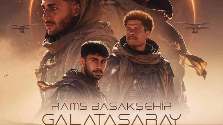 Futbol karşılaşması afişinde üç kişi ve arka planda büyük bir figür, “Rams Başakşehir Galatasaray” yazısı yer alıyor.