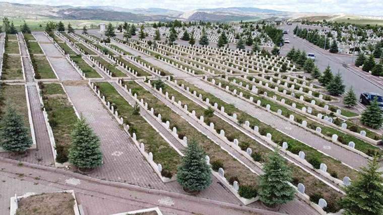 Bir mezarlık alanında düzenli sıralanmış mezar taşları ve ağaçlar görünmektedir.