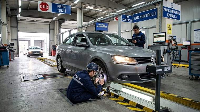 Araç muayene istasyonunda gri otomobil incelenirken iki görevli fren ve far kontrolü yapıyor.