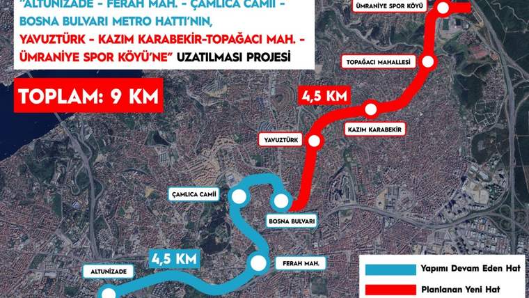 Uydu haritasında mavi ve kırmızı metro güzergâhları, mahalle adları ve 4,5 kilometrelik mesafeler gösteriliyor.