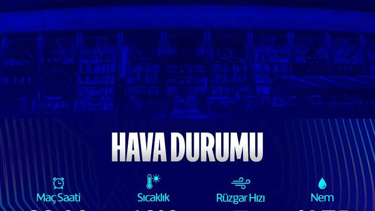 Mavi tonlu hava durumu grafiğinde maç saati 22.00, sıcaklık 16°C, rüzgâr hızı 7 ve nem %74 yazıyor.