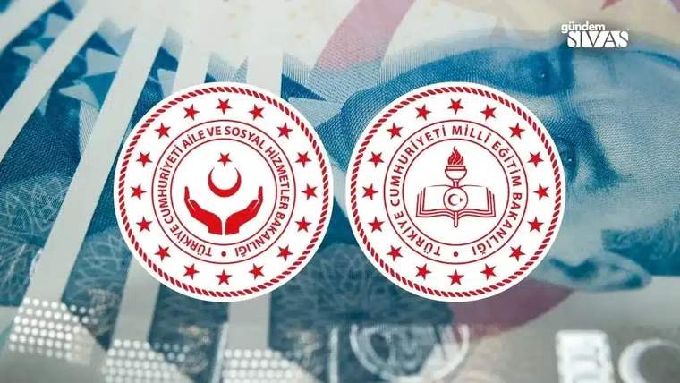 Aile ve Sosyal Hizmetler Bakanlığı ile Millî Eğitim Bakanlığına ait iki yuvarlak logo, mavi tonlu arka planda yan yana.