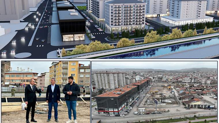 Konut projesi çizimi, üç erkeğin bulunduğu alan ve yoğun yapılaşmalı inşaat sahasının hava görüntüsü