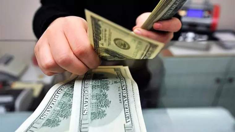 Bir kişi, kasada farklı kupürlerde ABD doları banknotlarını elleriyle sayıyor.