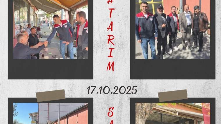 Dört kareli kolajda, açık havada sohbet eden ve yürüyen kişiler; ortada kırmızı “TARIM”, altta “17.10.2025” yazısı.