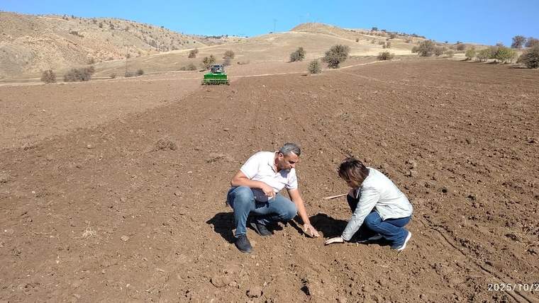 Tarla üzerinde oturan iki kişi, toprakta inceleme yapıyor. Uzakta bir tarım aracı görünüyor.