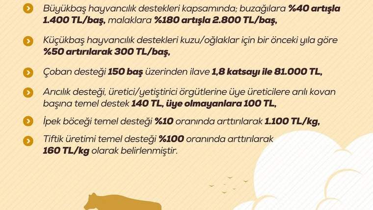 Sarı arka planlı infografikte büyükbaş, küçükbaş, çoban köpeği ve arıcılık destek tutarları listeleniyor.