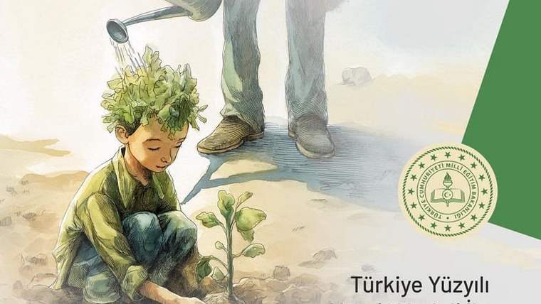 İllüstrasyonda bir çocuk toprağa fidan dikerken arkasındaki yetişkin bitkiyi suluyor; köşede eğitim logosu ve yazı bulunuyor.