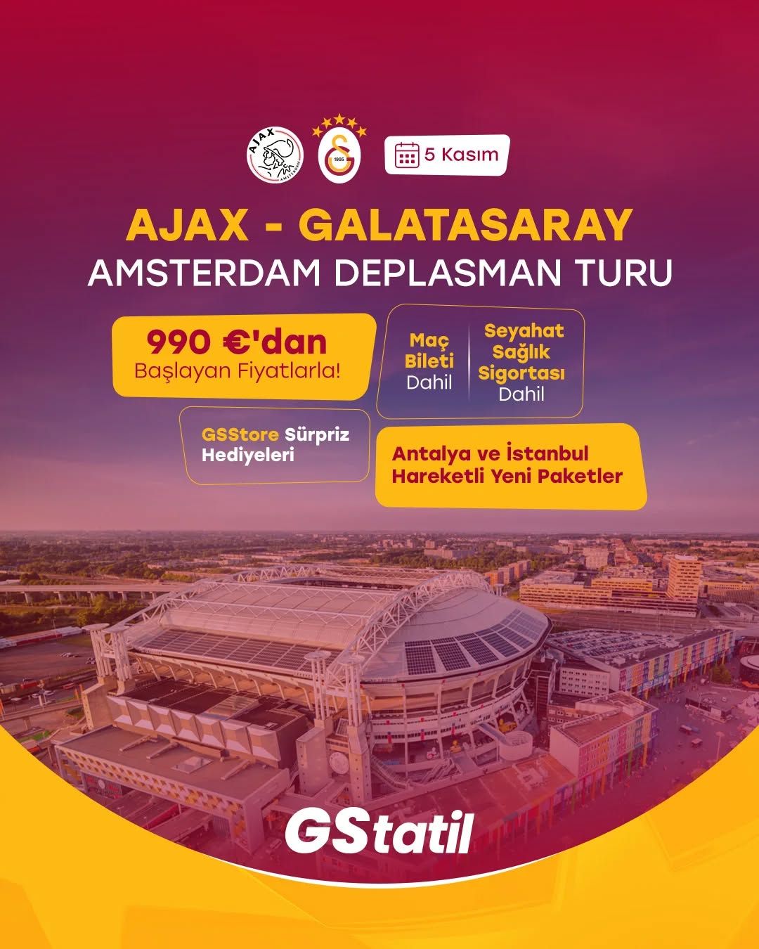 Galatasaray Taraftarına Özel Deplasman Paketi: Ajax Maçına Transfer ve Konaklama Dahil