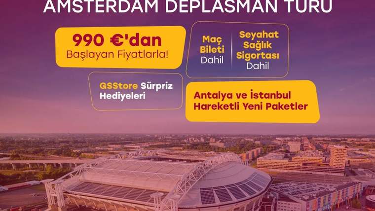 Ajax stadyumu önünde, Galatasaray taraftarları için hazırlanan deplasman turu bilgileri yer alıyor.