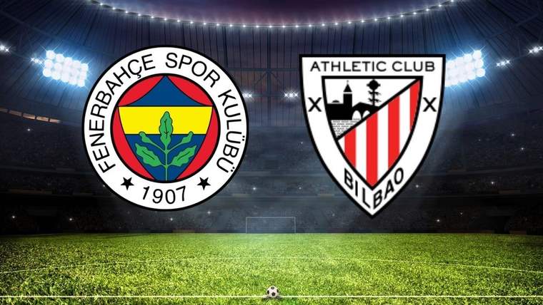 Fenerbahçe ve Athletic Bilbao kulüplerinin logoları, futbol sahasında yer alıyor.