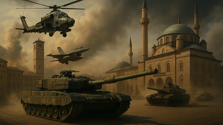 Dumanlı gökyüzü altında bir helikopter ve savaş uçağı, cami önünde iki tankla birlikte görülüyor.