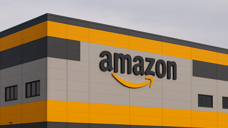 Turuncu ve gri cepheli, üzerinde Amazon logosu bulunan büyük bir bina; önünde çit ve kuru otlar görülüyor.