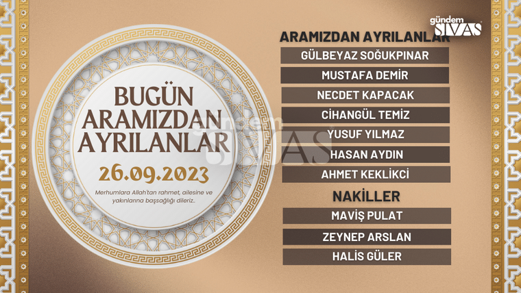 26 Eylül 2023 tarihli vefat edenler listesi, isimler ve tarih yer alıyor.