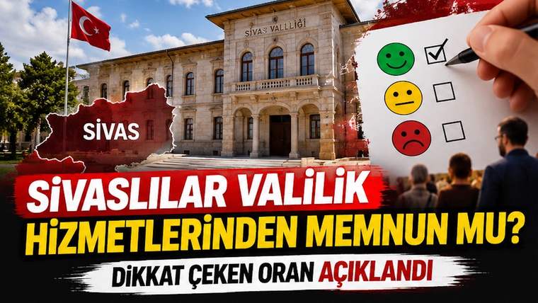 Sivas Valiliği binası önünde Türk bayrağı, memnuniyet yüzleri ve kutucuklara işaret koyan el görülüyor.