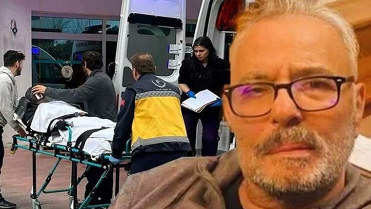 Gözlüklü sakallı bir erkeğin yakın planı yanında, sağlık görevlilerinin sedye taşıdığı hastane girişi görülüyor.