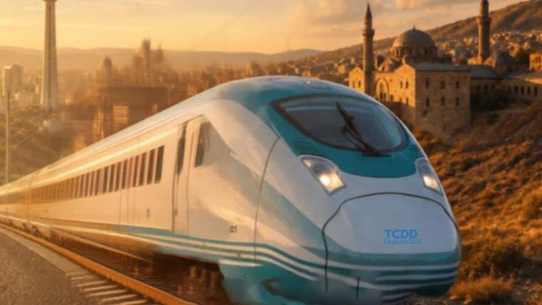 Hızlı tren, tarihi bir şehir manzarası önünde raylarda ilerliyor.
