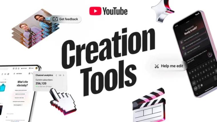 YouTube logosu ve “Creation Tools” yazısı çevresinde telefon, tablet, film klaketi ve düzenleme simgeleri yer alıyor.