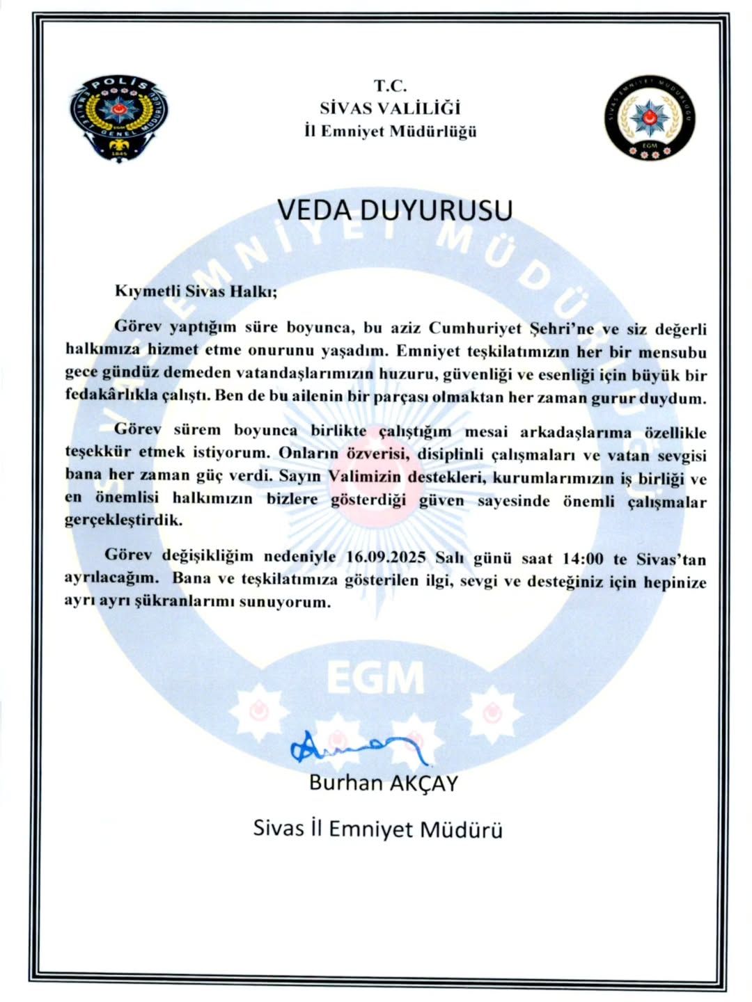 Sivas İl Emniyet Müdürü Burhan Akçay Görevinden Ayrılıyor