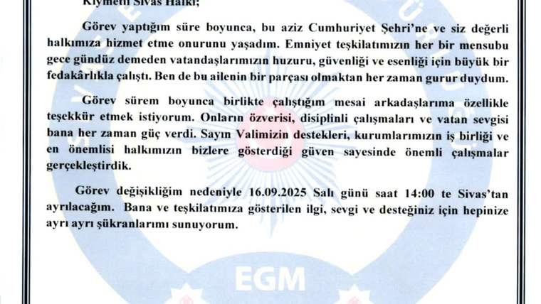 Sivas İl Emniyet Müdürü Burhan Akçay'ın görevden ayrılma duyurusu metni.