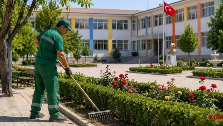 Yeşil iş kıyafetli bir kişi, Türk bayrağı bulunan okul önündeki çiçekli bahçede tırmık kullanıyor.