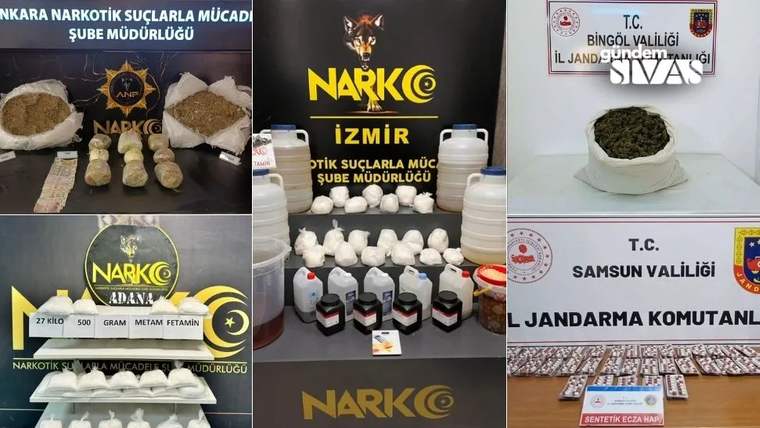Kolajda farklı illere ait narkotik ekipmanı, poşetlenmiş maddeler, tabletler, para ve resmi yazılar görülüyor.