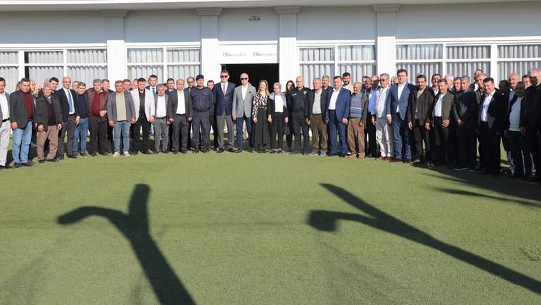 Bir bina önündeki suni çim alanda çok sayıda kişi yan yana duruyor; yerde uzun gölgeleri görülüyor.