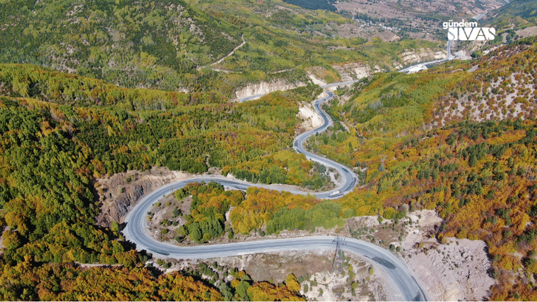 Renkli ağaçlarla çevrili, virajlı bir dağ yolu ve çevresindeki yeşil alanlar.