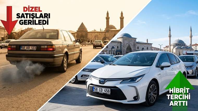 İkiye bölünmüş görselde solda duman çıkaran eski otomobil, sağda beyaz hibrit otomobil ve artış okları görülüyor.