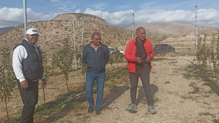 Üç kişi, elma bahçesinin yanında duruyor; arka planda dağlar ve ağaçlar var.
