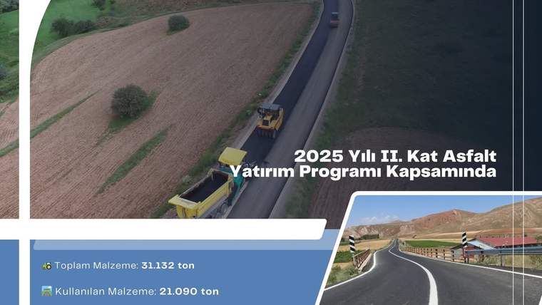 Tarlalar arasındaki asfalt yolda iş makineleri ve kamyonlar ilerlerken, görselde yol bilgileri yer alıyor.