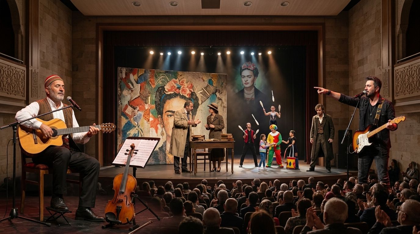 Sahnede gitar çalan iki müzisyen, oyuncular ve renkli kostümlü kişiler; önlerinde seyirci topluluğu görülüyor.