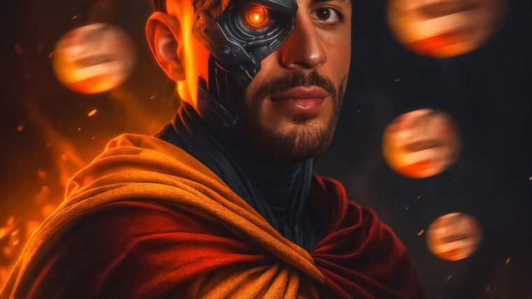 Yüzünün bir kısmı mekanik olan bir adam, Galatasaray renklerinde bir pelerin giymekte.