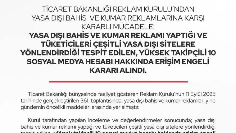 Ticaret Bakanlığı logolu belgede yasa dışı bahis ve kumar reklamlarına ilişkin erişim engeli kararı yer alıyor.
