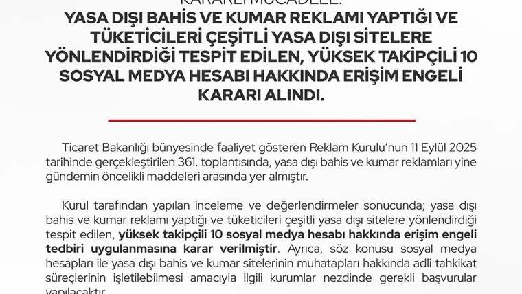 Ticaret Bakanlığı'ndan Sosyal Medyada Yasa Dışı Bahis Reklamlarına Erişim Engeli