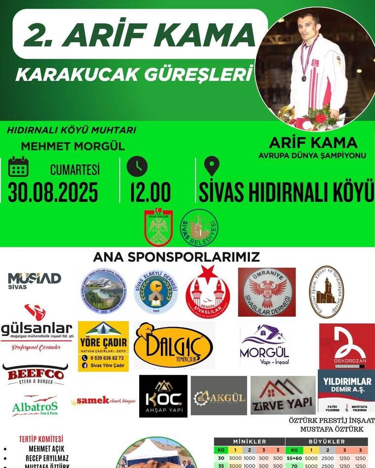 Yeşil afişte güreşçi portresi, etkinlik tarihi ve saati, köy adı, sponsor logoları ile güreş fotoğrafı yer alıyor.