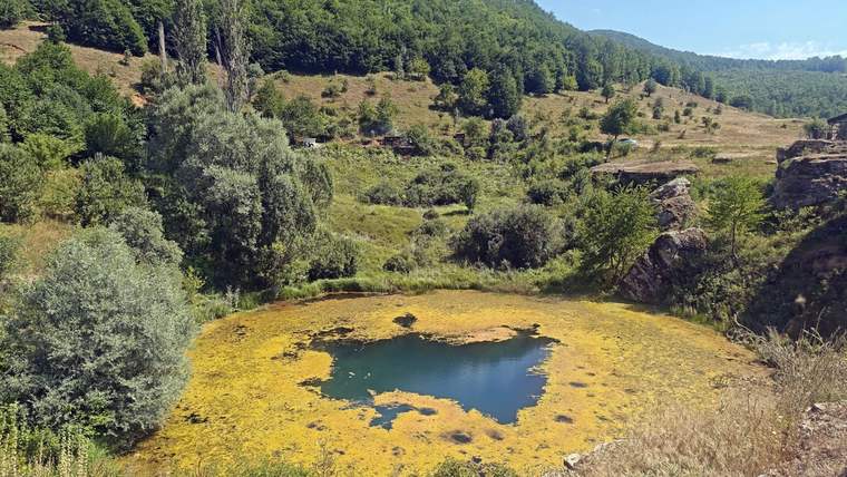 Ormanlık tepeler arasında, çevresi sarı bitkilerle kaplı küçük bir gölet ve kayalık yamaçlar görülüyor.