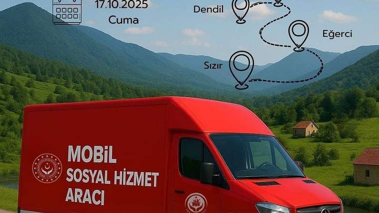 Üzerinde “Mobil Sosyal Hizmet Aracı” yazan kırmızı minibüs, dağlık ve yeşil bir vadide duruyor.