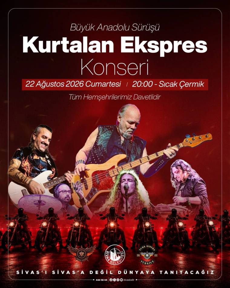 Kurtalan Ekspres yazılı konser afişinde beş müzisyen ve motosikletliler, kırmızı ışıklar arasında görülüyor.