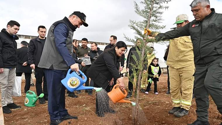 Kalabalık bir grup, açık alanda dikilmiş genç bir ağacı sularken çevrede çocuklar ve görevliler duruyor.