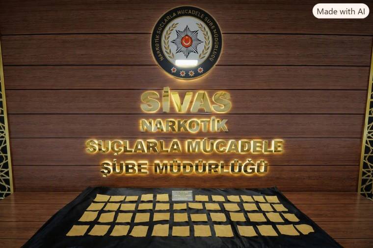 “Sivas Narkotik Suçlarla Mücadele Şube Müdürlüğü” yazılı panonun önünde çok sayıda sarı paket sergileniyor.